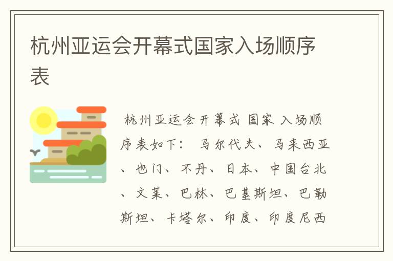 杭州亚运会开幕式国家入场顺序表