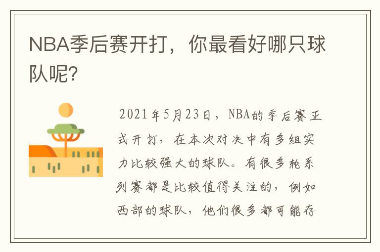 NBA季后赛开打,你最看好哪只球队呢?