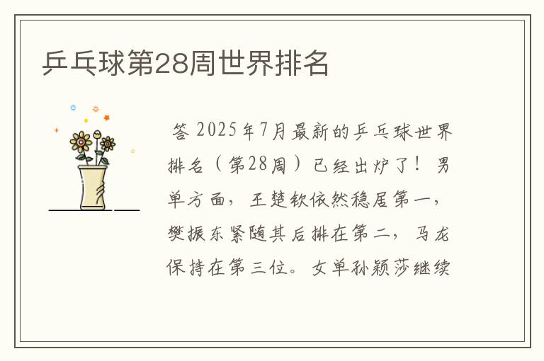 乒乓球第28周世界排名