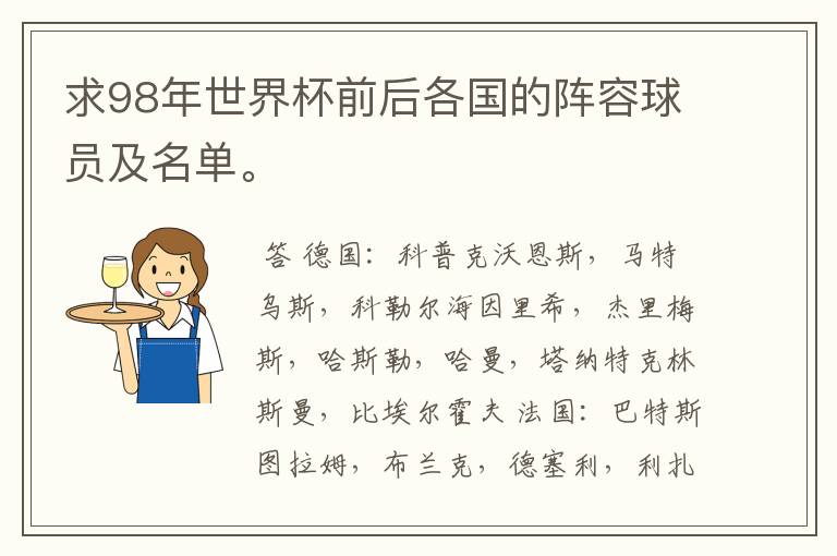 求98年世界杯前后各国的阵容球员及名单。