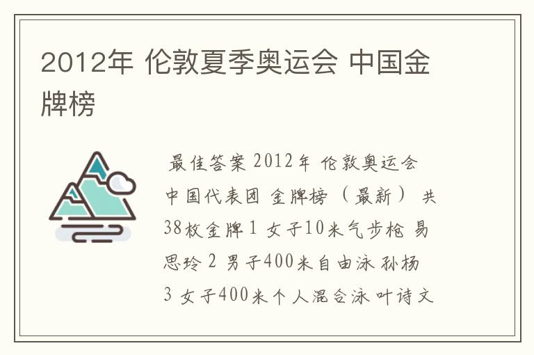 2012年 伦敦夏季奥运会 中国金牌榜