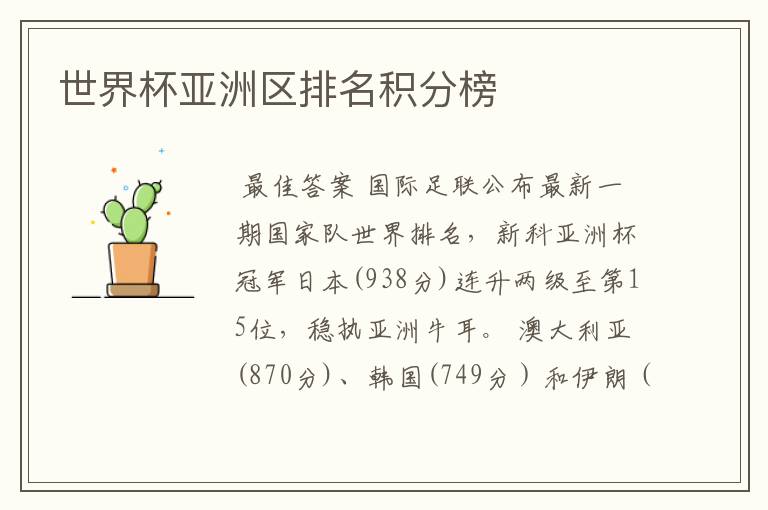 世界杯亚洲区排名积分榜