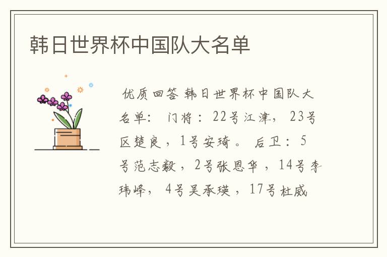 韩日世界杯中国队大名单