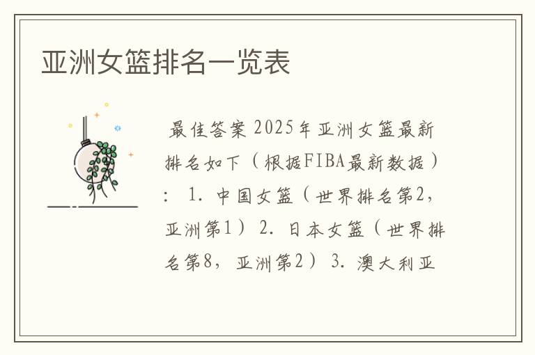 亚洲女篮排名一览表