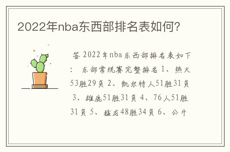 2022年nba东西部排名表如何？