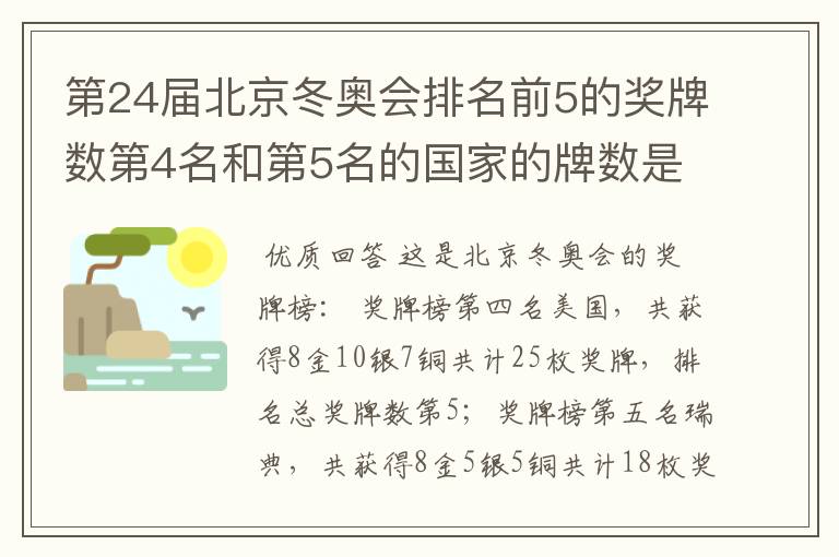 第24届北京冬奥会排名前5的奖牌数第4名和第5名的国家的牌数是多少?