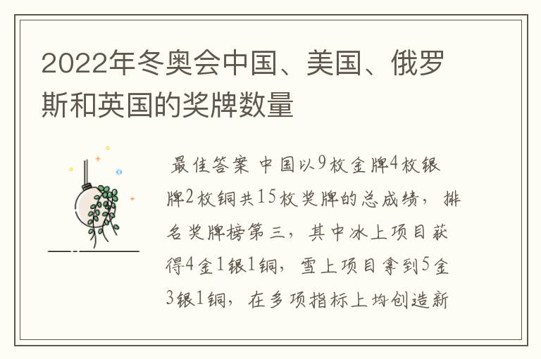 2022年冬奥会中国、美国、俄罗斯和英国的奖牌数量