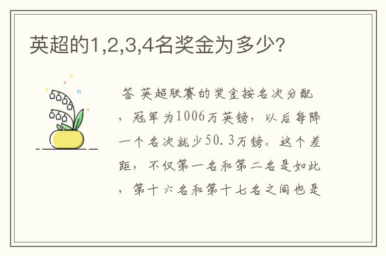 英超的1,2,3,4名奖金为多少?