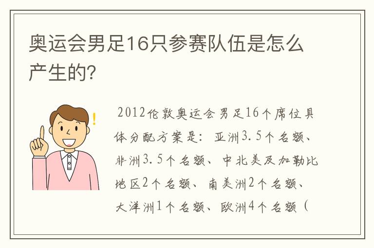 奥运会男足16只参赛队伍是怎么产生的?