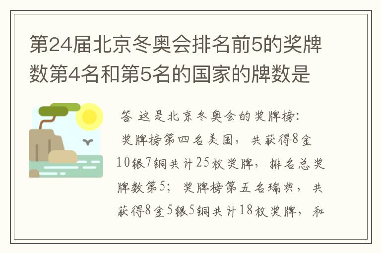 第24届北京冬奥会排名前5的奖牌数第4名和第5名的国家的牌数是多少？