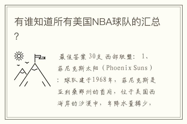 有谁知道所有美国NBA球队的汇总?