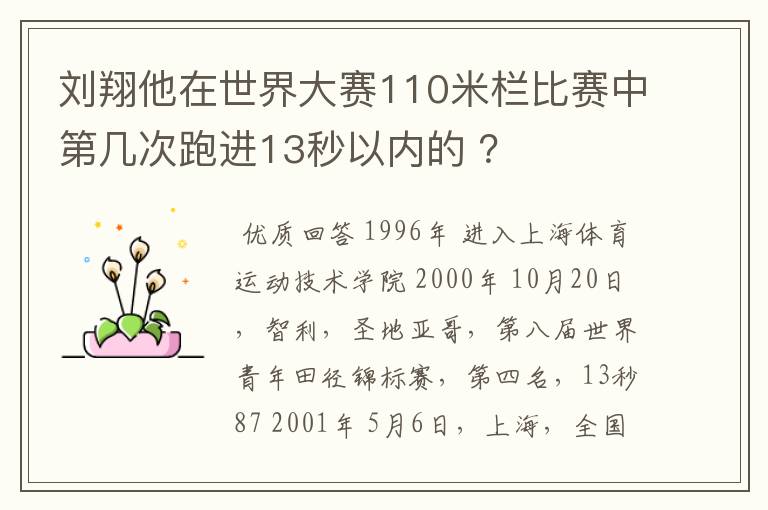 刘翔他在世界大赛110米栏比赛中第几次跑进13秒以内的 ?