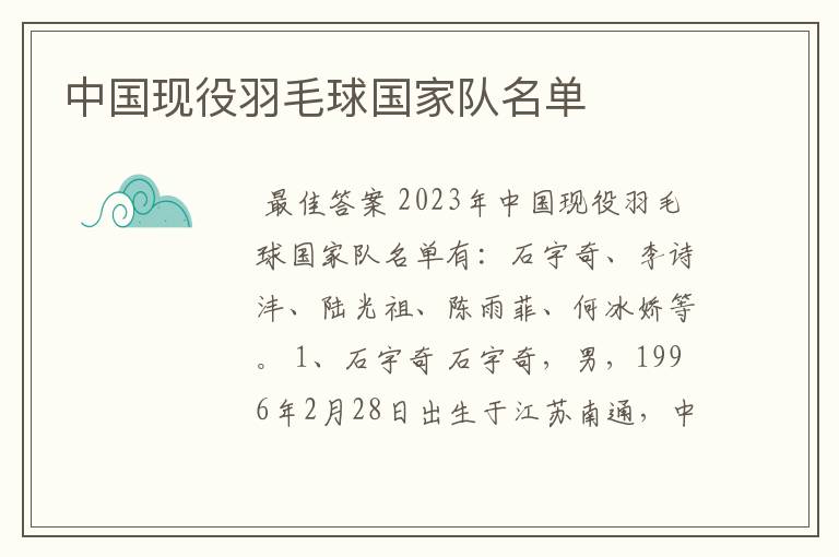 中国现役羽毛球国家队名单