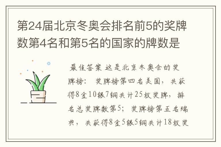 第24届北京冬奥会排名前5的奖牌数第4名和第5名的国家的牌数是多少？