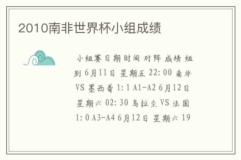 2010南非世界杯小组成绩