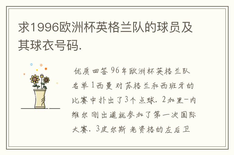 求1996欧洲杯英格兰队的球员及其球衣号码.
