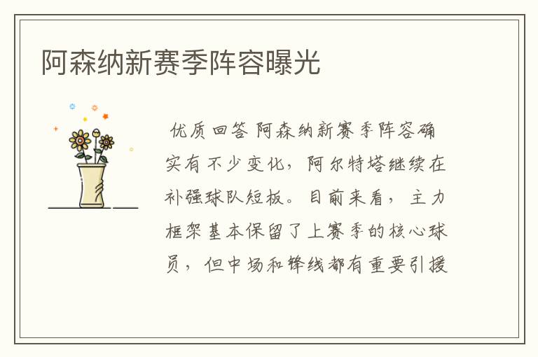 阿森纳新赛季阵容曝光