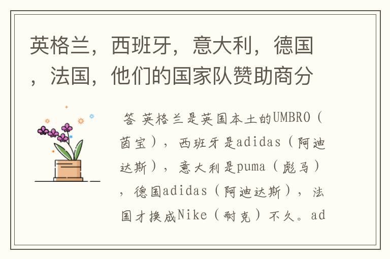 英格兰,西班牙,意大利,德国,法国,他们的国家队赞助商分别是什么呀