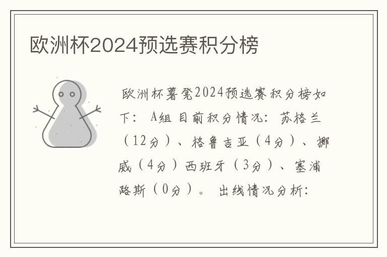 欧洲杯2024预选赛积分榜