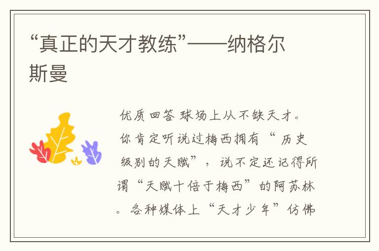 “真正的天才教练”——纳格尔斯曼