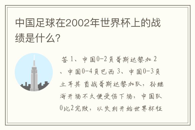 中国足球在2002年世界杯上的战绩是什么?