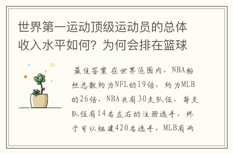 世界第一运动顶级运动员的总体收入水平如何?为何会排在篮球橄榄球之后?