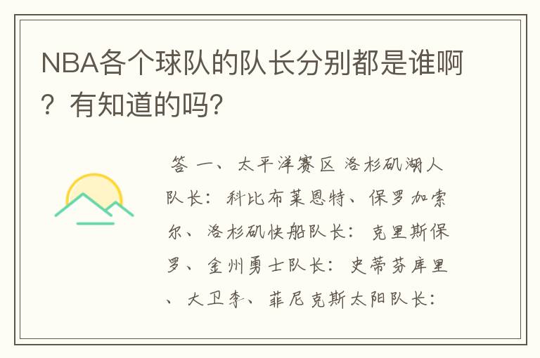 NBA各个球队的队长分别都是谁啊？有知道的吗？