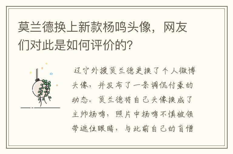 莫兰德换上新款杨鸣头像,网友们对此是如何评价的?