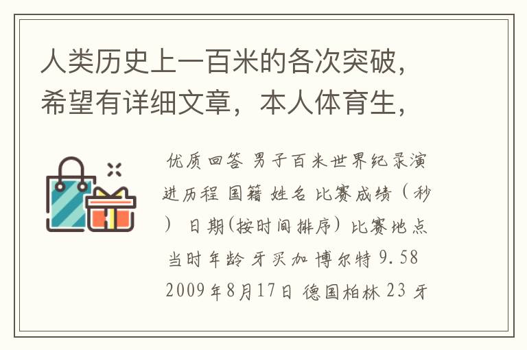 人类历史上一百米的各次突破,希望有详细文章,本人体育生,喜欢看一百米比赛