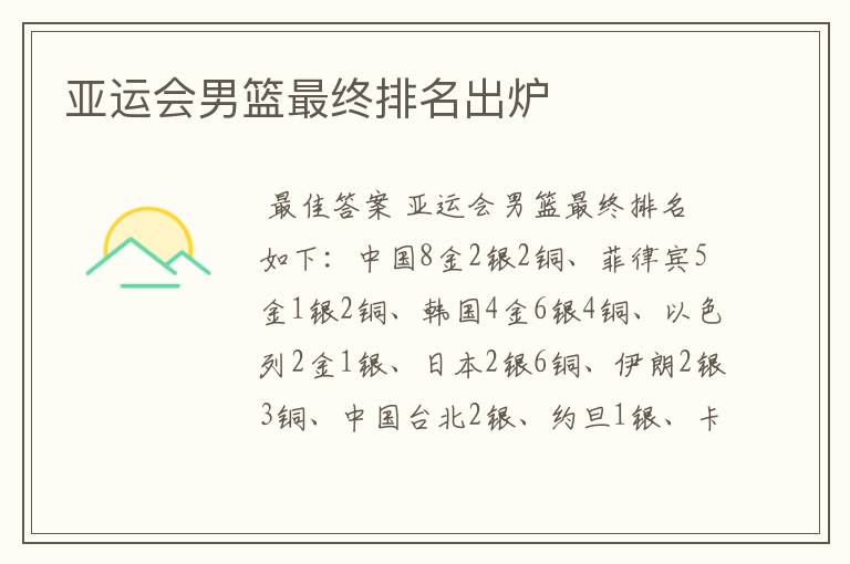 亚运会男篮最终排名出炉