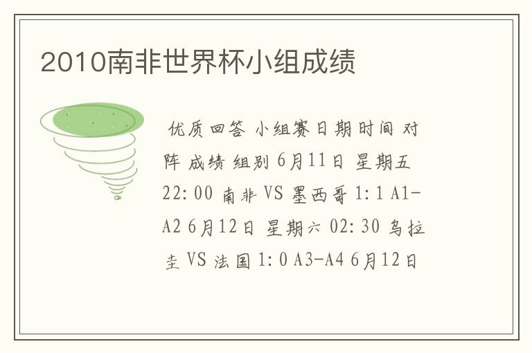 2010南非世界杯小组成绩