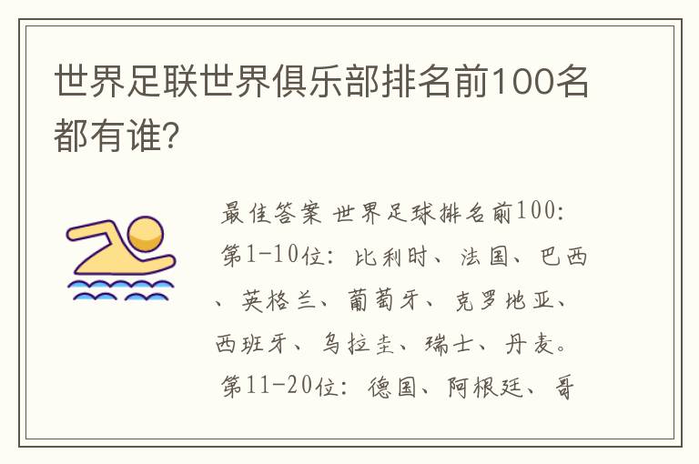 世界足联世界俱乐部排名前100名都有谁?