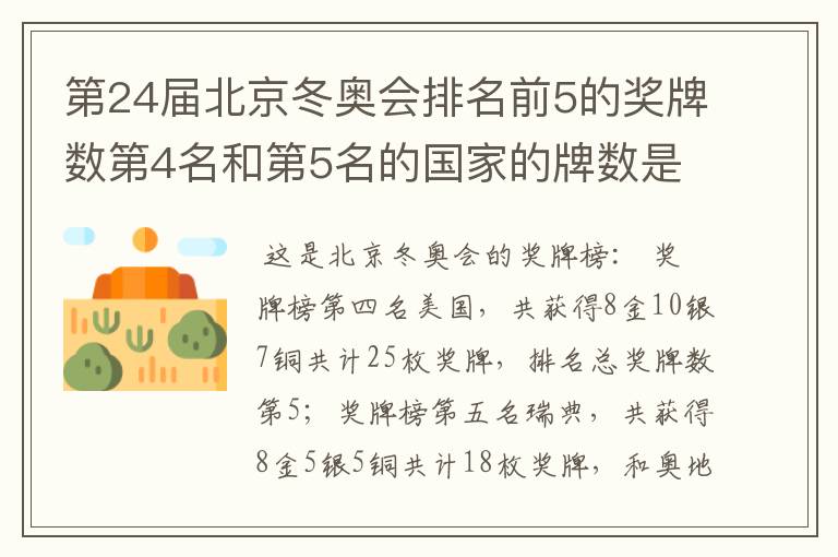 第24届北京冬奥会排名前5的奖牌数第4名和第5名的国家的牌数是多少?