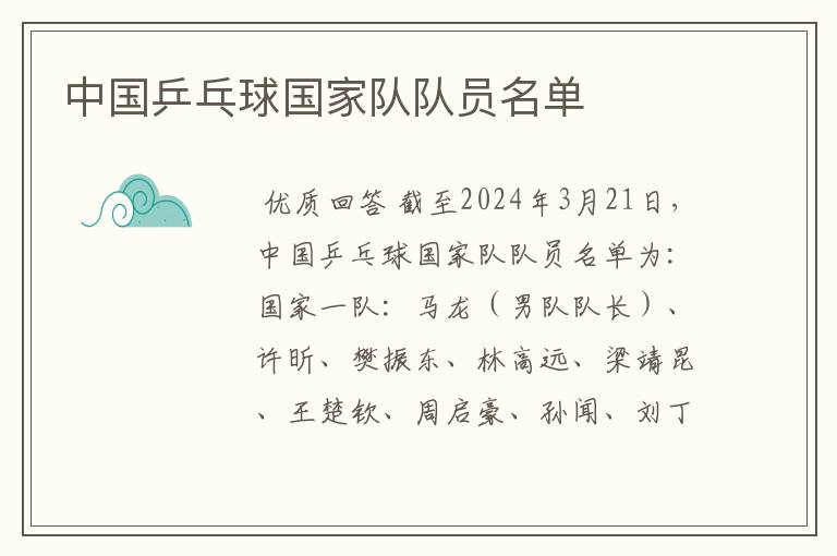 中国乒乓球国家队队员名单