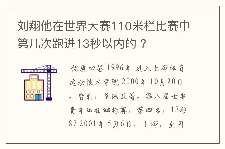刘翔他在世界大赛110米栏比赛中第几次跑进13秒以内的 ?