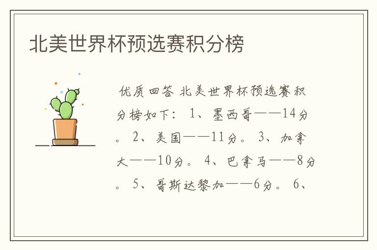 北美世界杯预选赛积分榜