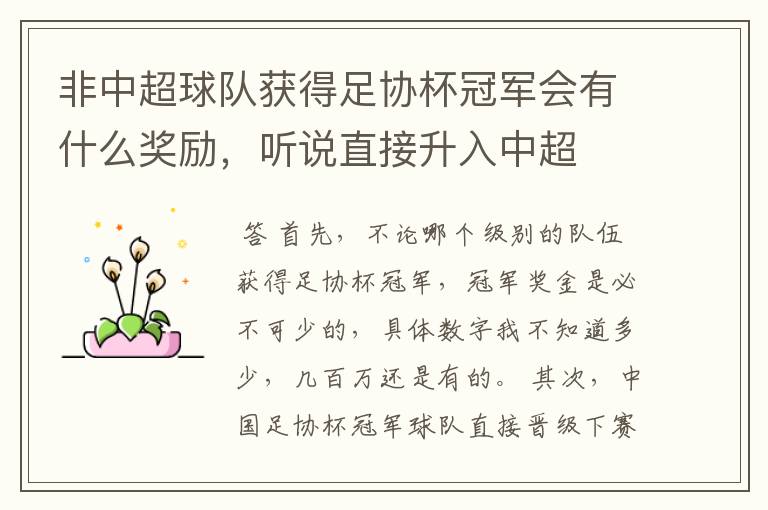 非中超球队获得足协杯冠军会有什么奖励，听说直接升入中超