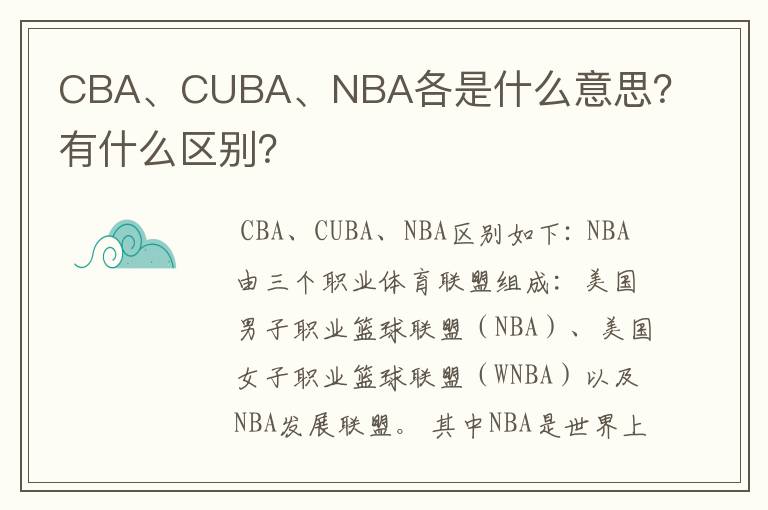 CBA、CUBA、NBA各是什么意思？有什么区别？