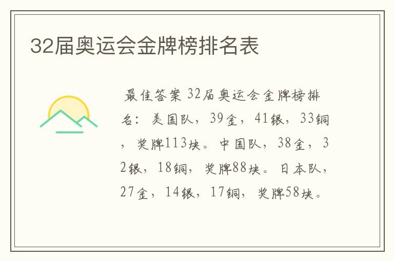 32届奥运会金牌榜排名表