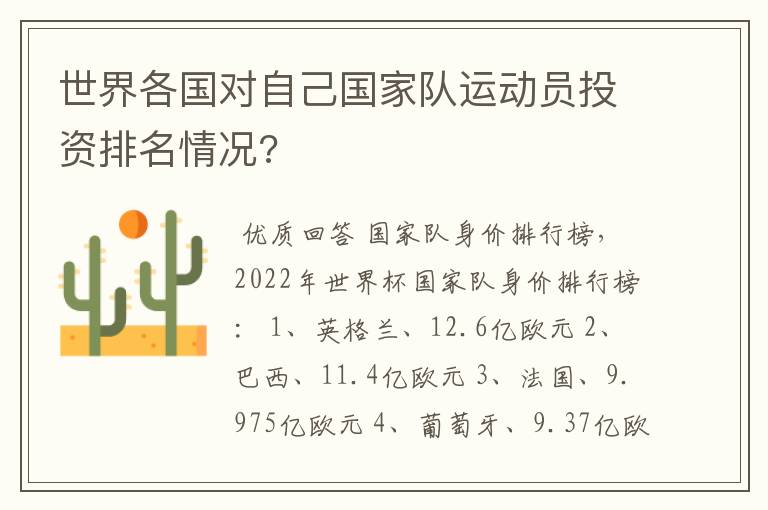 世界各国对自己国家队运动员投资排名情况?