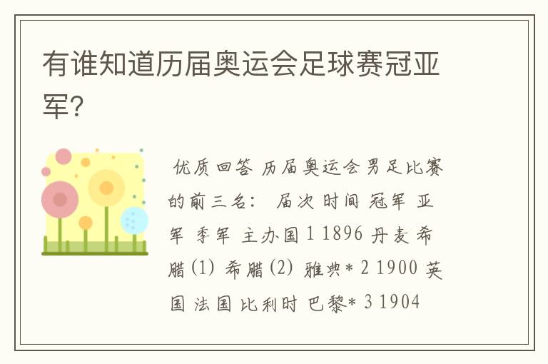 有谁知道历届奥运会足球赛冠亚军?