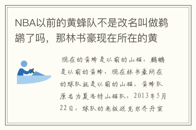 NBA以前的黄蜂队不是改名叫做鹈鹕了吗,那林书豪现在所在的黄蜂队又是怎么回事?这两个队到底是什么关
