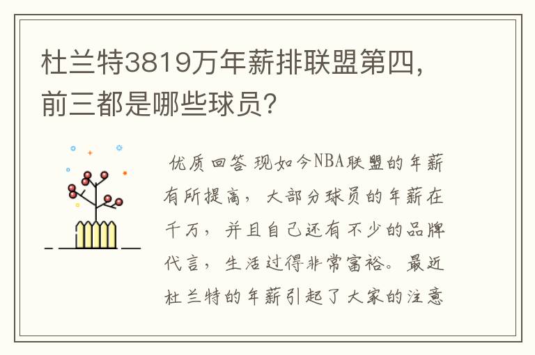 杜兰特3819万年薪排联盟第四，前三都是哪些球员？