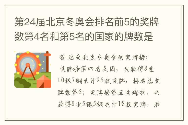 第24届北京冬奥会排名前5的奖牌数第4名和第5名的国家的牌数是多少?