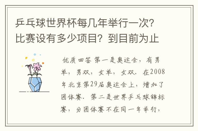 乒乓球世界杯每几年举行一次?比赛设有多少项目?到目前为止男女各举办了几届?