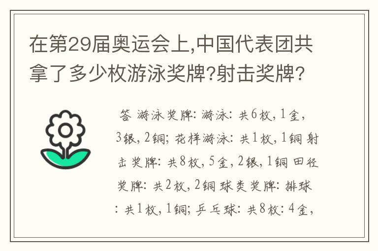 在第29届奥运会上,中国代表团共拿了多少枚游泳奖牌?射击奖牌?田径奖牌?球类奖牌?体操奖牌?摔交奖牌?