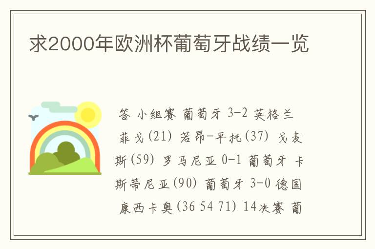 求2000年欧洲杯葡萄牙战绩一览
