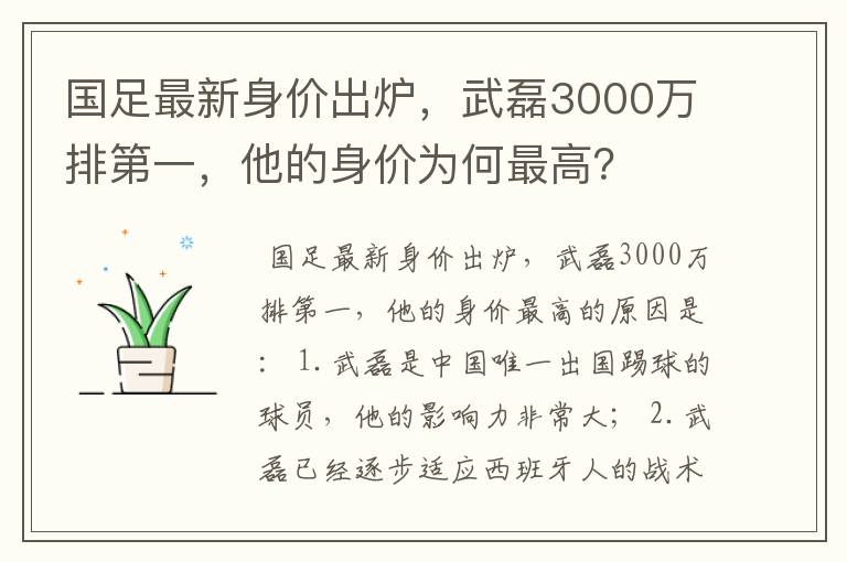 国足最新身价出炉,武磊3000万排第一,他的身价为何最高?