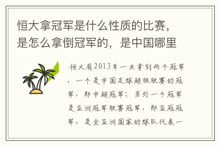 恒大拿冠军是什么性质的比赛，是怎么拿倒冠军的，是中国哪里的球队？恒大的投资人是谁，有哪些实力