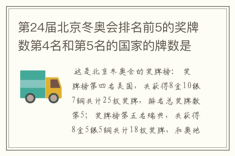 第24届北京冬奥会排名前5的奖牌数第4名和第5名的国家的牌数是多少?